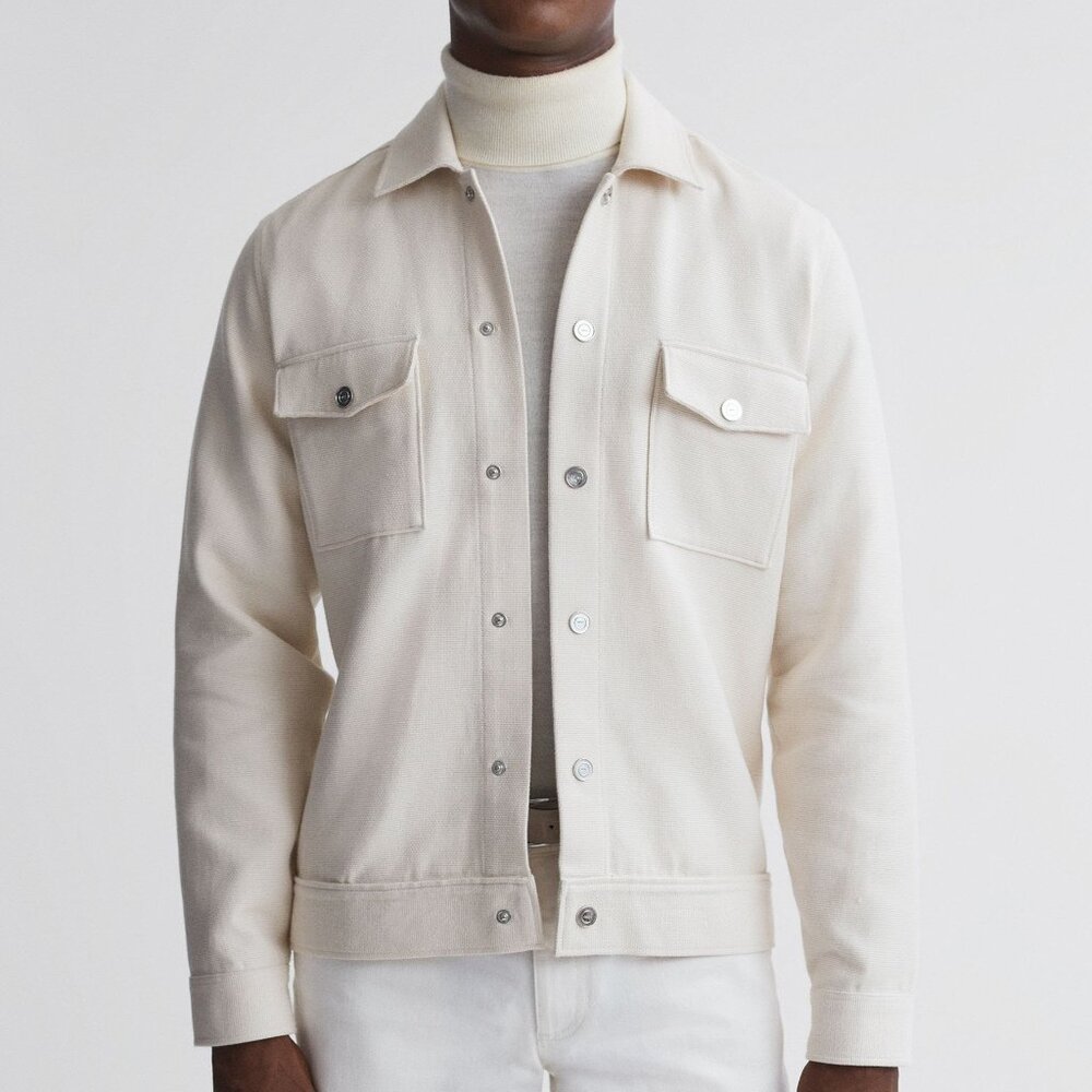 Textured Cotton Twin Pocket Overshirt in Ecru (XL)